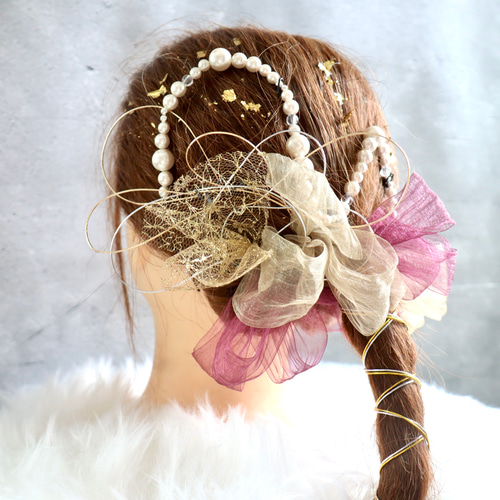 デザインパールとオーガンジーリボン 髪飾り 成人式 髪飾り ボブ 卒業