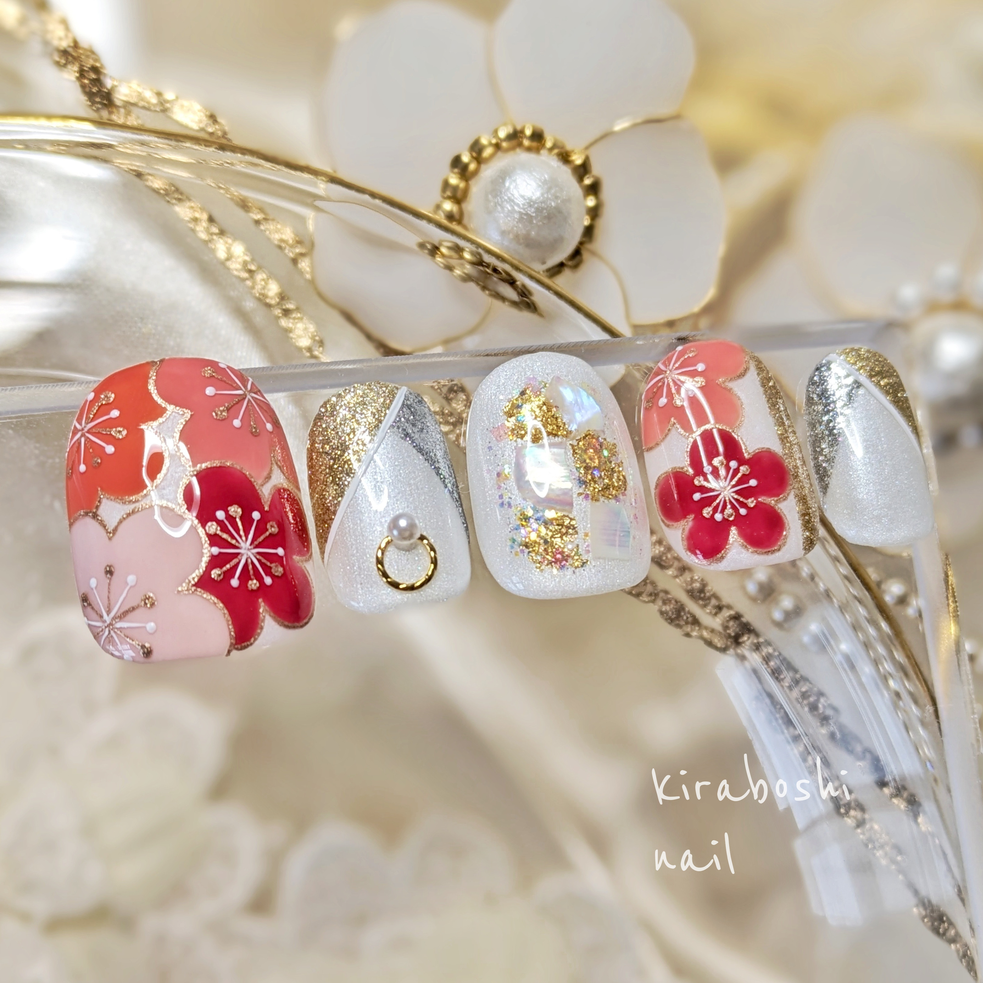 ★梅×和装変形フレンチ㊵×ゴールドシルバーネイル　白無垢・色打掛【注文時サイズ必須です♡vol.82・vol.８】