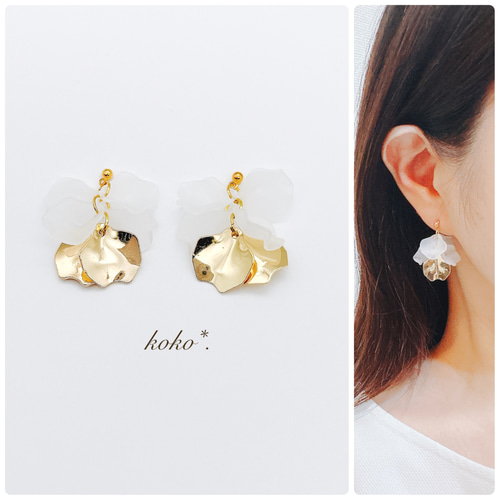再販♡カスリ加工プレート×ベッコウ風チャームのピアス（イヤリング 
