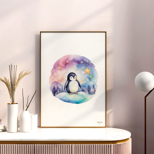ぺちぺちオーロラペンギン A4ポスター｜水彩画・おしゃれ・シンプル