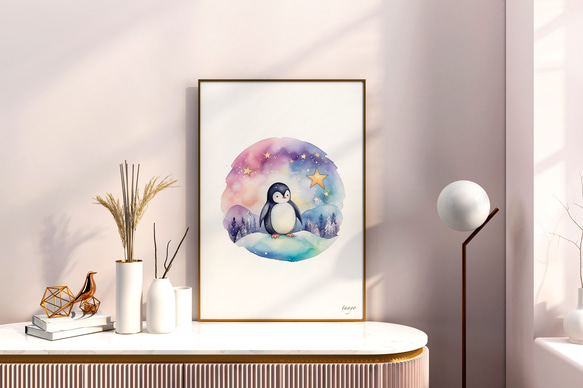 ぺちぺちオーロラペンギン　A4ポスター｜水彩画・おしゃれ・シンプル・アート・メルヘン・インテリア・オーロラ・ペンギン 1枚目の画像