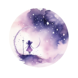 満月を見上げる紫の魔女　A4ポスター｜水彩画・おしゃれ・シンプル・アート・メルヘン・夜空・魔女・満月・女の子・魔法使い 3枚目の画像