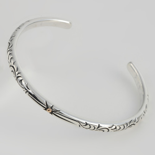 シルバーバングル 太陽と月　シルバー925、ｋ18　手彫り唐草、フェザー　メンズ シルバーバングル 太陽と月 シルバー925、k18 手彫り唐草、フェザー