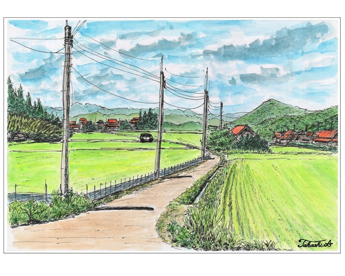 原画・18㎝角「夏雲と田んぼ道 1」油彩・アートパネル・S0