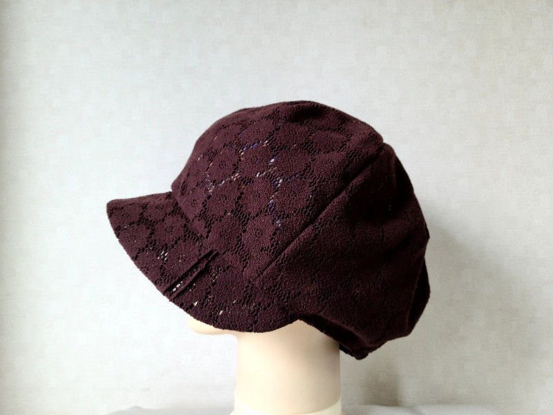 魅せる☆ふんわり♪レースとチェックのリバーシブルキャスケット～ブラウン&ネイビー