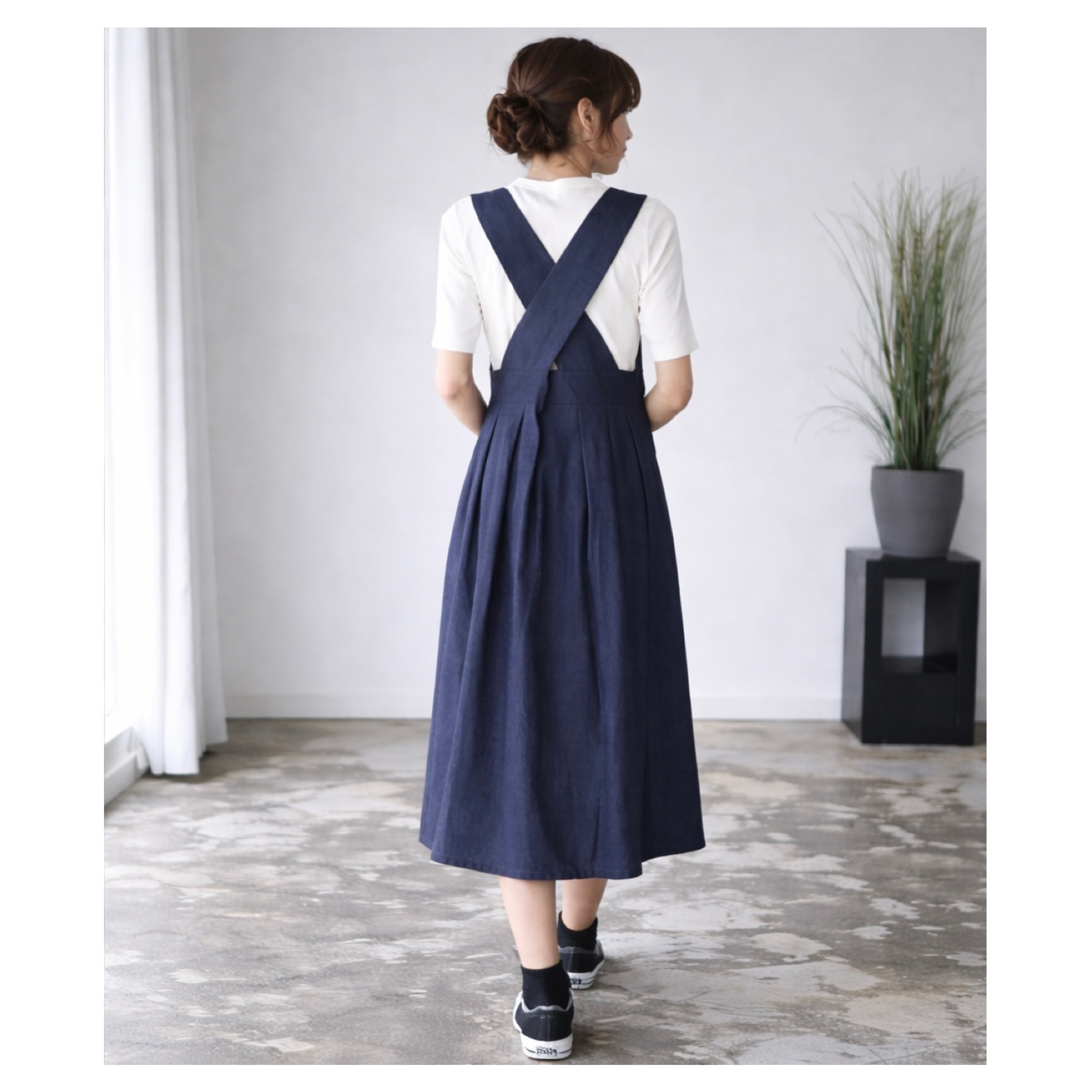 岡山県児島デニムジャンパースカート／8オンスくったりデニムで上品にもカジュアルにもウエストマークワンピース／インディゴ