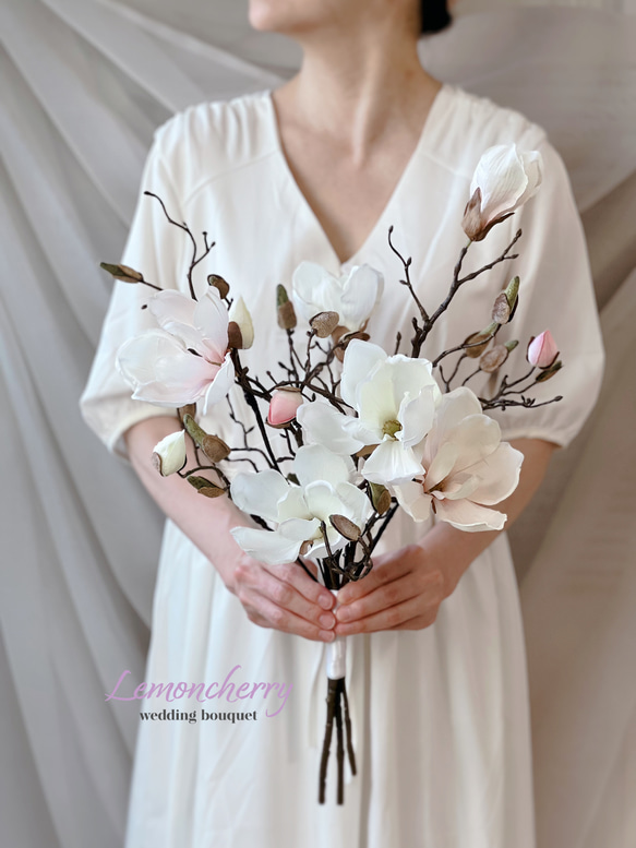 白とピンクのマグノリアのウェディングブーケ ブーケ Lemoncherie 通販