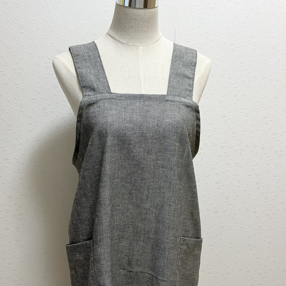 かぶるだけエプロン☆先染綿麻スペックでカジュアルに！（ブラック） 5枚目の画像