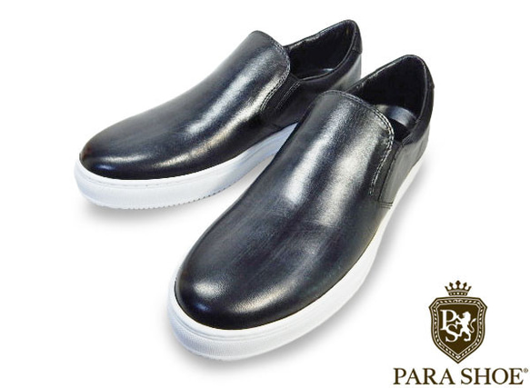 PARASHOE 本革スリッポンレザースニーカー カジュアルシューズ 黒 24.5～27cm (PMO1902-BLK) 1枚目の画像