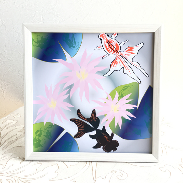 「金魚と睡蓮～日本画風」インテリアイラスト絵画ポスター　(＋1000円で正方形額縁付き) 8枚目の画像