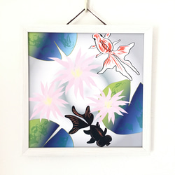 絵画　油彩画　花　庭　睡蓮　鳥　額縁入り 絵画油彩画花庭睡蓮鳥額縁入り