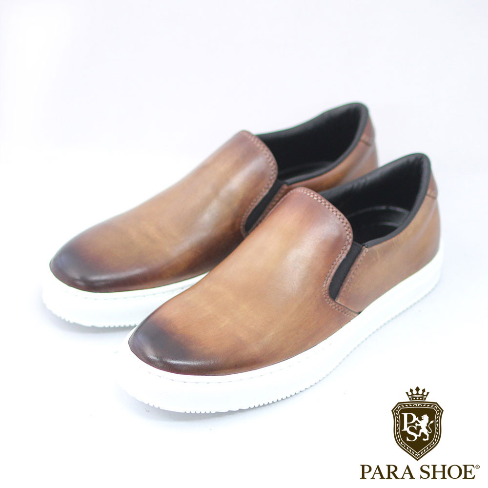 PARASHOE 本革スリッポンレザースニーカー カジュアルシューズ 茶色23～27cm (PMO1902-LBR)