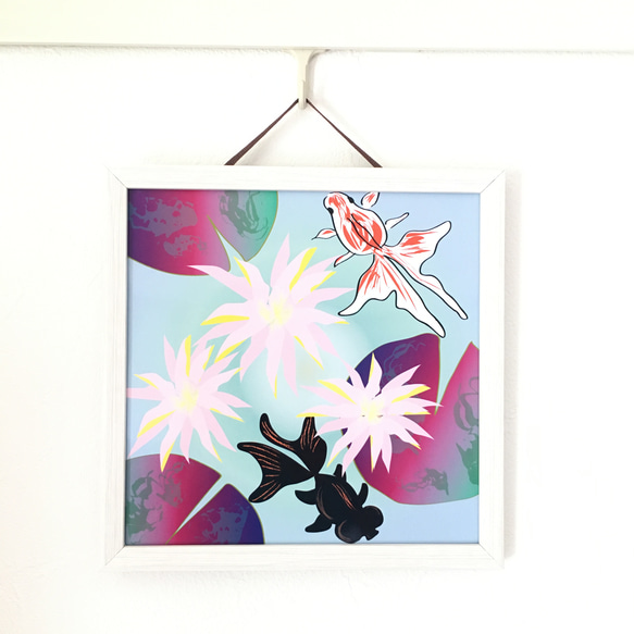 「金魚と睡蓮～トロピカル風」インテリアイラスト絵画ポスター　(＋1000円で正方形額縁付き) 6枚目の画像