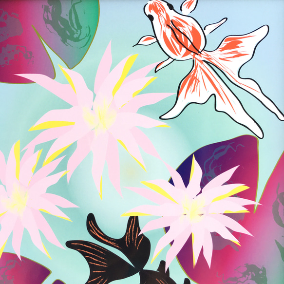 「金魚と睡蓮～トロピカル風」インテリアイラスト絵画ポスター　(＋1000円で正方形額縁付き) 3枚目の画像