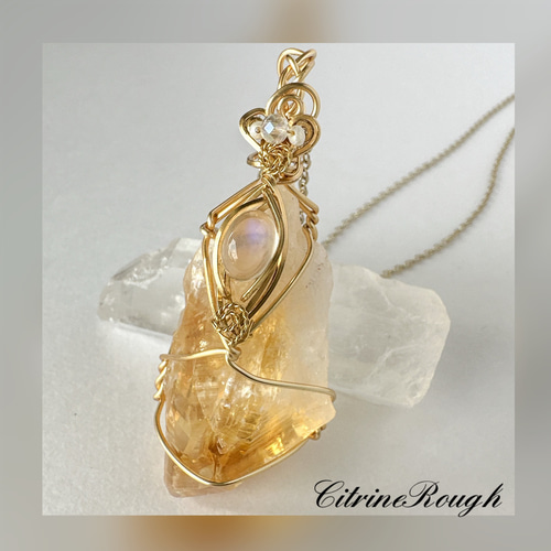 シトリン原石とペリステライトの14kgfワイヤージュエリー ネックレス