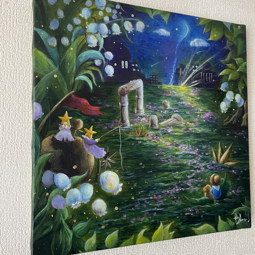 アクリル原画】淡いすずらんとグリーンファンタジーな世界 〜葉の船に