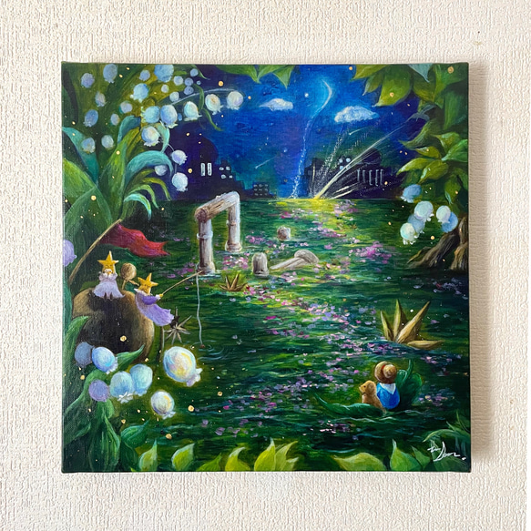 アクリル原画】淡いすずらんとグリーンファンタジーな世界 〜葉