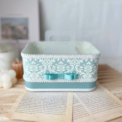 再販取手付き収納BOX ダマスク 水色×ホワイト リモコンラック