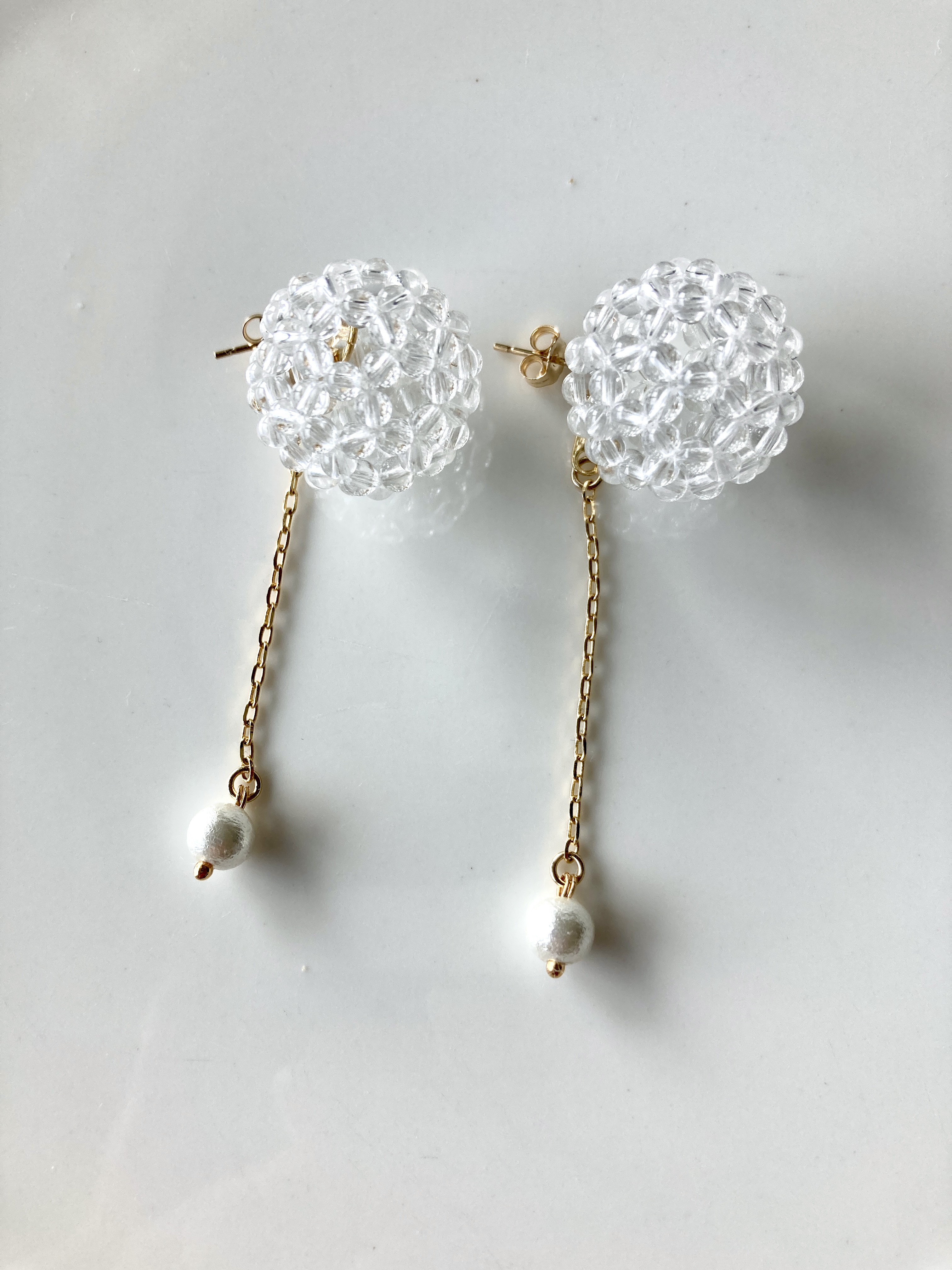 ＜Mona.×IYASUのコラボ企画＞2wayフラーレピアス（１点もの）コットンパールチェーン×クリスタルフラーレン