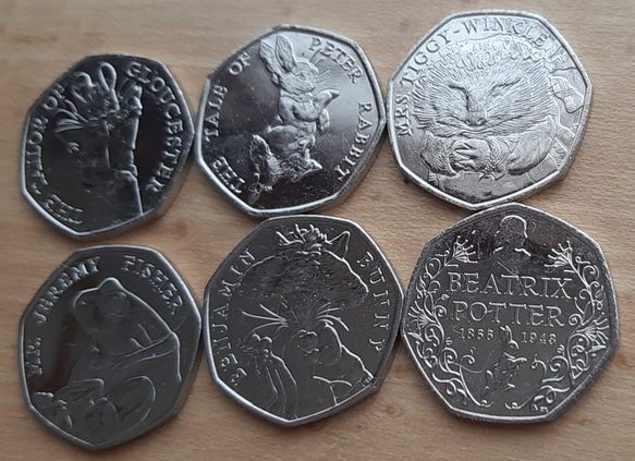 6種類セット 本物 イギリスのコイン  ビアトリクス・ポター ピーターラビット  8g 27mm 英国 50ペンス 1枚目の画像