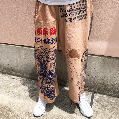 柿渋染め 手ぬぐいリメイク ワイドパンツ ゆったりズボン 鶴と亀