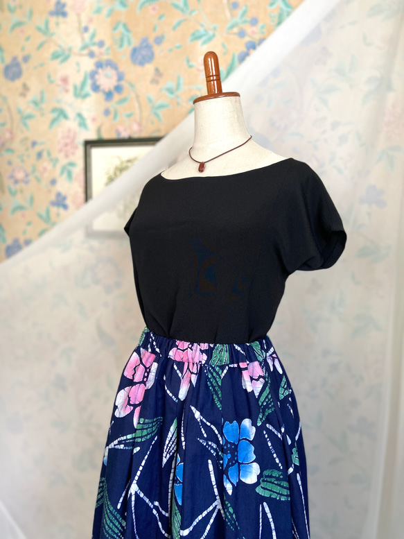 SALE 浴衣　藍染　花模様　裏地付きギャザースカート　着物リメイク　ハンドメイド 3枚目の画像