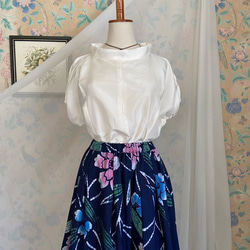 SALE 浴衣　藍染　花模様　裏地付きギャザースカート　着物リメイク　ハンドメイド 7枚目の画像