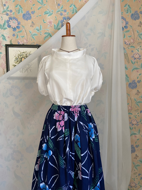 SALE 浴衣　藍染　花模様　裏地付きギャザースカート　着物リメイク　ハンドメイド 7枚目の画像