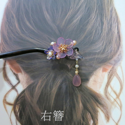 檸檬手作髮飾 粉紫瑪瑙櫻花黑檀木髮簪 第7張的照片