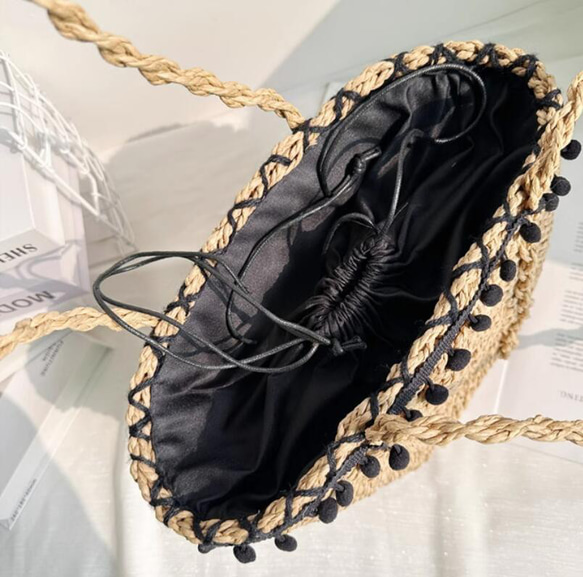 【受注制作】かごバッグ トートバッグ 巾着 レトロ 手作りバッグ ビーチハンドバッグ サマー 旅行 編みバッグ 6枚目の画像