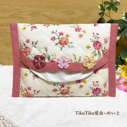 ３つのお花飾りポケットティッシュカバー／ローズ(11-3-3) 3枚目の画像