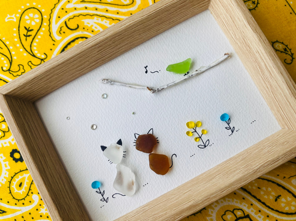 沖縄シーグラスアート】ネコさんと小鳥さん 沖縄の海 その他インテリア