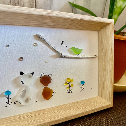 沖縄シーグラスアート】ネコさんと小鳥さん 沖縄の海 その他インテリア