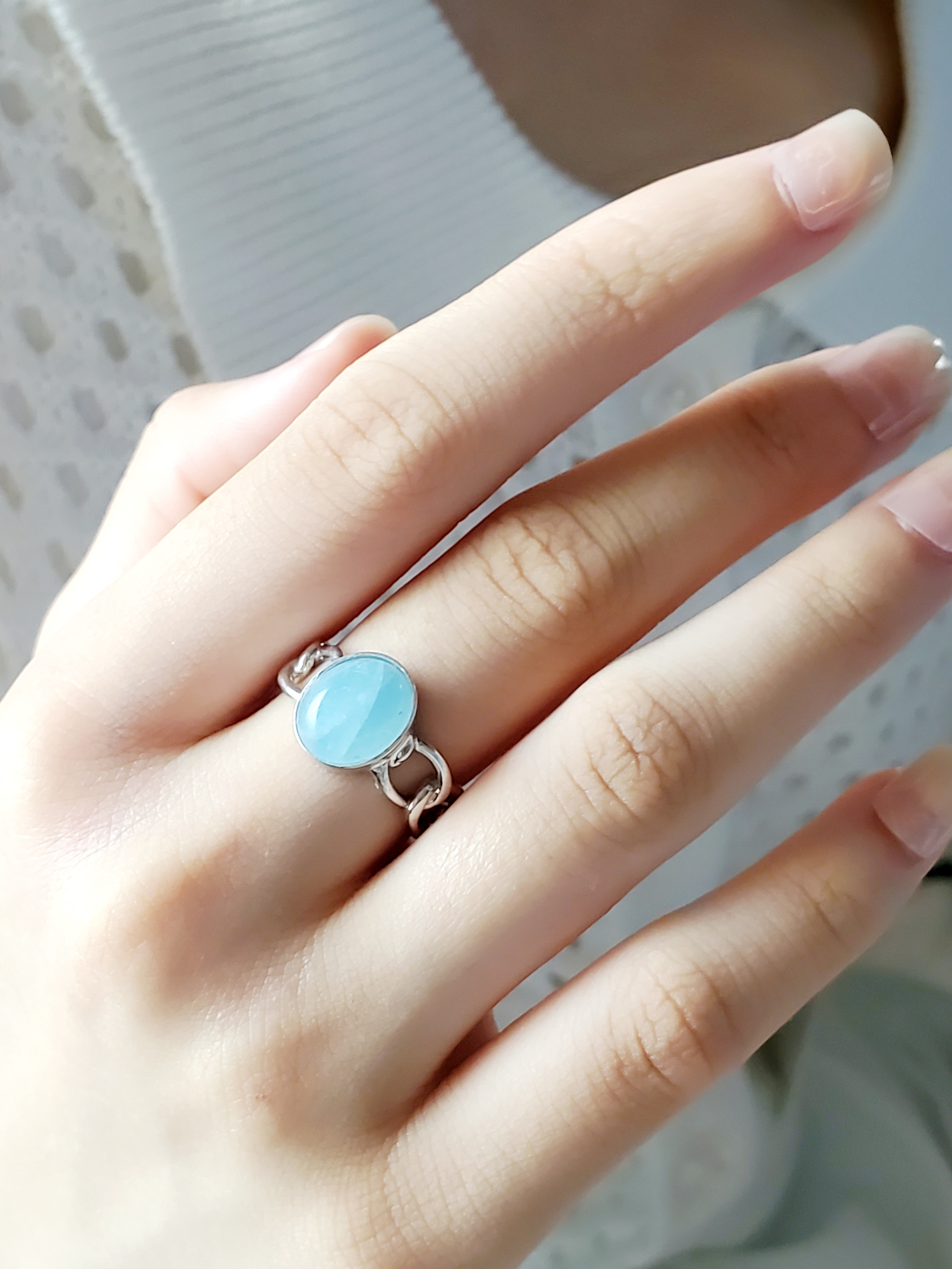 夏の福袋（2025）石選べるチェーンリング,個性的なシルバーリングミルキーアクアマリン天然石RS-234