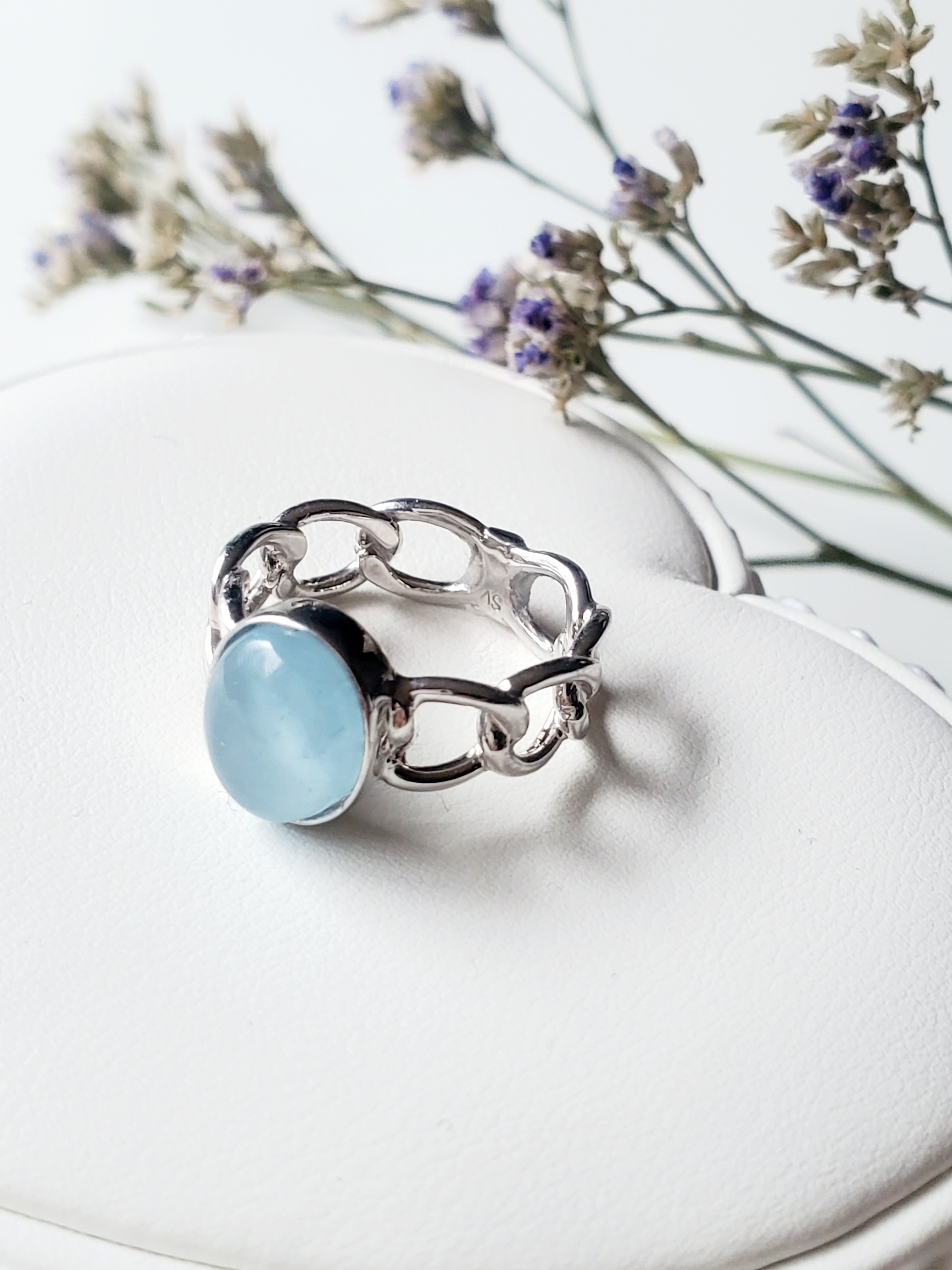 夏の福袋（2025）石選べるチェーンリング,個性的なシルバーリングミルキーアクアマリン天然石RS-234