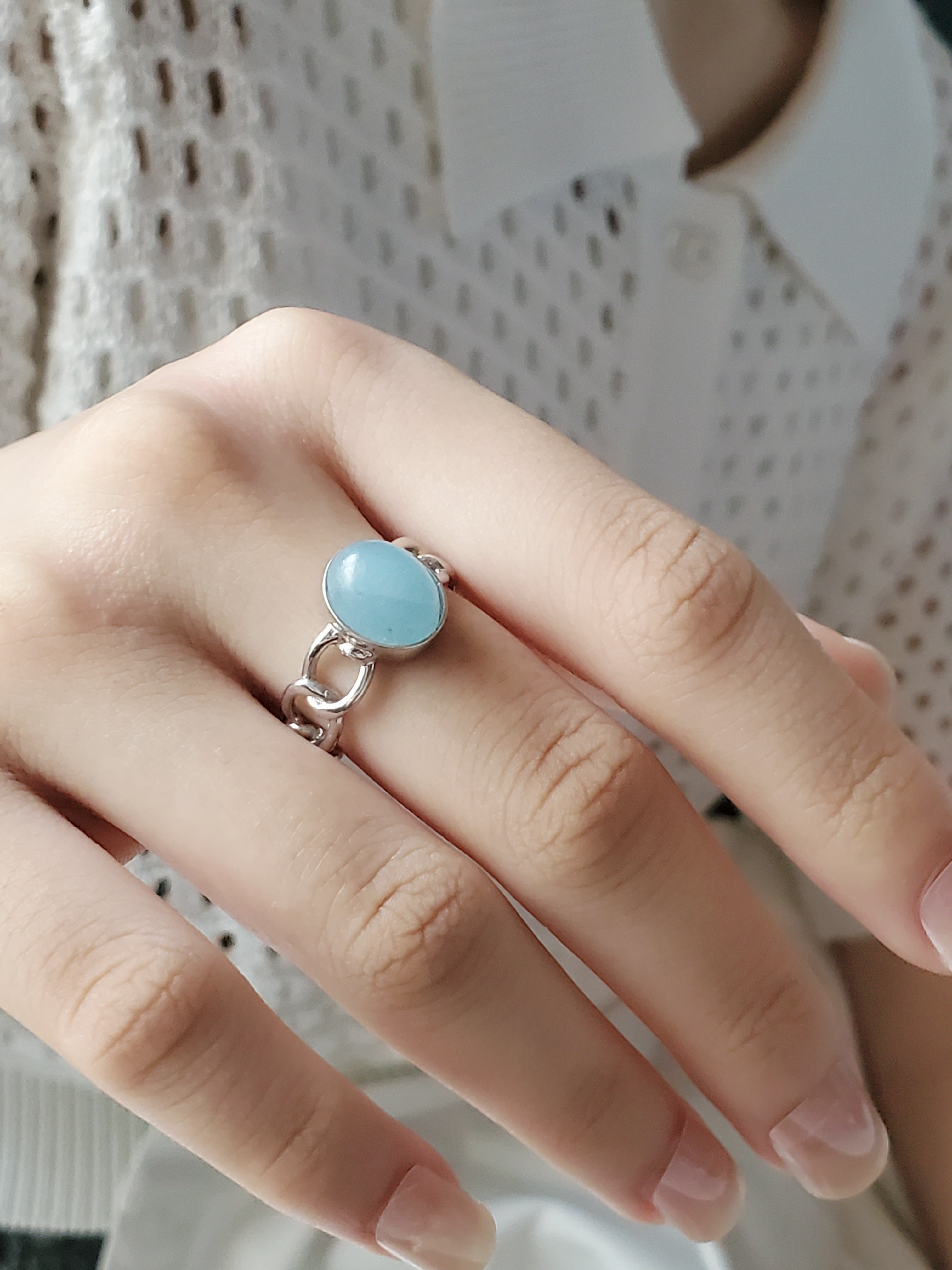 夏の福袋（2025）石選べるチェーンリング,個性的なシルバーリングミルキーアクアマリン天然石RS-234