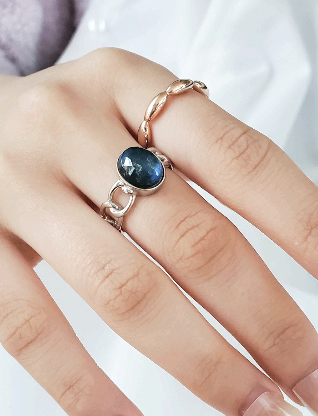 夏の福袋（2025）石選べるチェーンリング,個性的なシルバーリングミルキーアクアマリン天然石RS-234