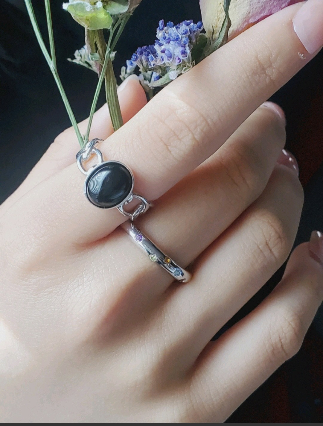 夏の福袋（2025）石選べるチェーンリング,個性的なシルバーリングミルキーアクアマリン天然石RS-234