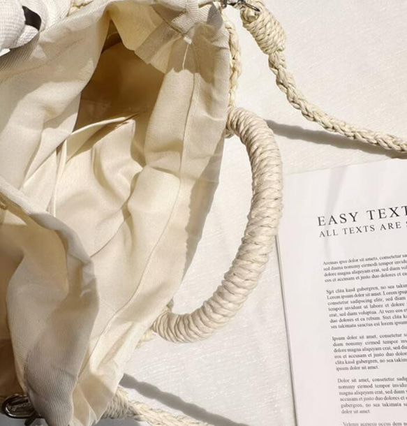 【受注制作】かごバッグ ショルダー 英語の文字巾着 ハンド手作りバッグ ビーチバッグ サマー 旅行 編みバッグ 3枚目の画像