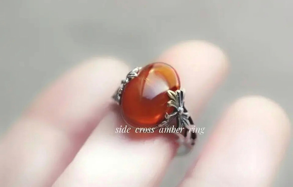 sv925 side  cross  amber  ring /antique silver color 3枚目の画像