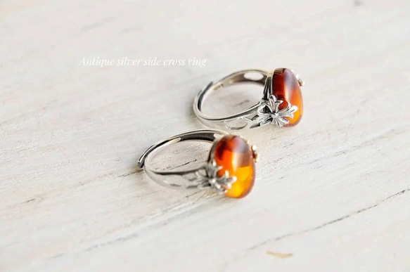 sv925 side  cross  amber  ring /antique silver color 2枚目の画像