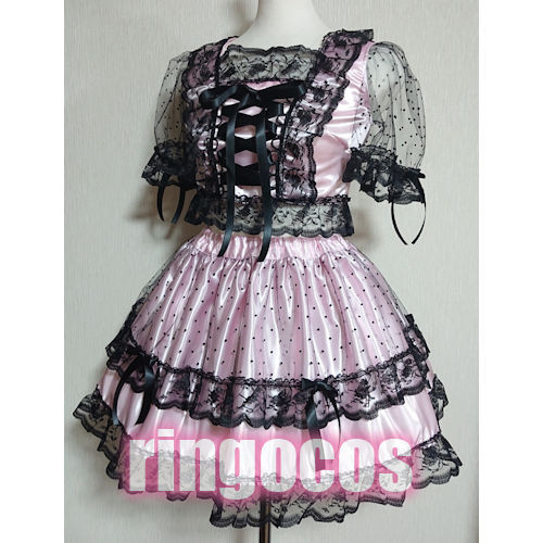 アイドル衣装 ピンク×黒 編み上げリボン オリジナル ハンドメイド 