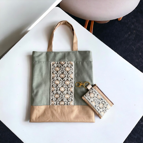 A4サイズ対応/インド刺繍×帆布☆トートバッグ&ポーチセット A4サイズ対応/インド刺繍×帆布☆トートバッグ&ポーチセット