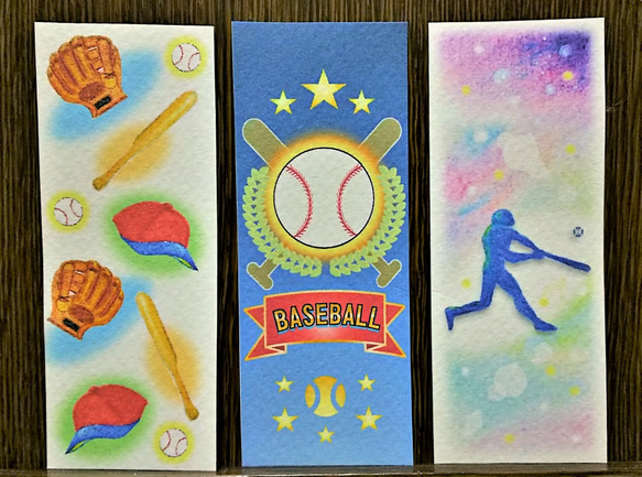 もなミルク様専用　野球モチーフの栞(しおり)３種+野球選手原画(パステル画・色鉛筆画) 1枚目の画像
