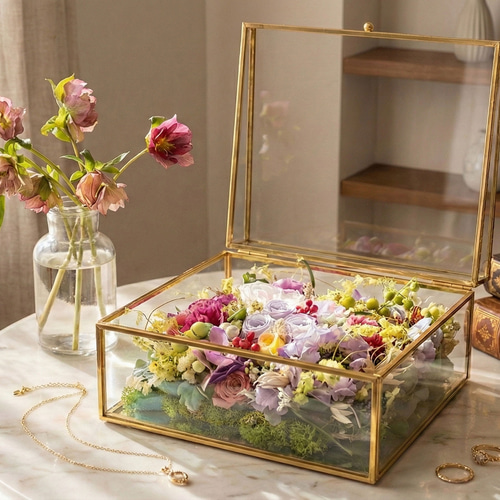 結婚祝い/誕生日/サロンのお花◎真鍮ガラスの宝箱》プリザーブド