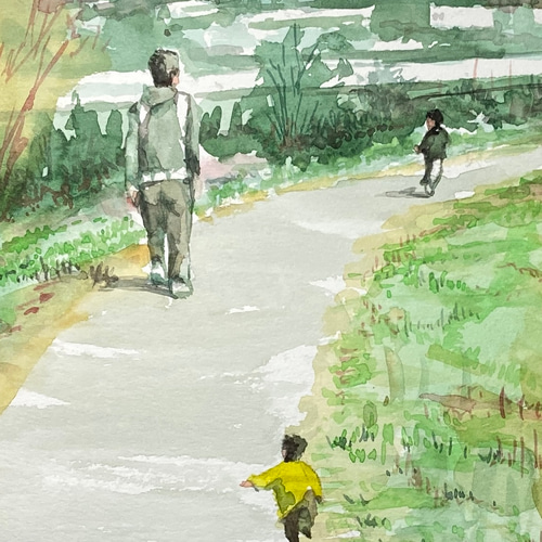 水彩画 釣りの風景 2019年 フレーム付き F6サイズ 原画 送料無料「秋の河川敷 お散歩」透明水彩原画F6サイズ額装込み 絵画