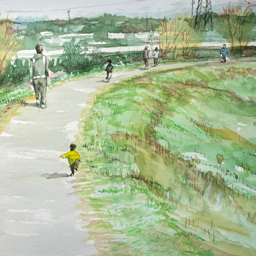 市場の風景 水彩画 作者不明