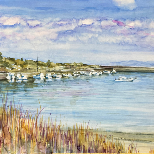 水彩画 港の風景 原画 F6サイズ