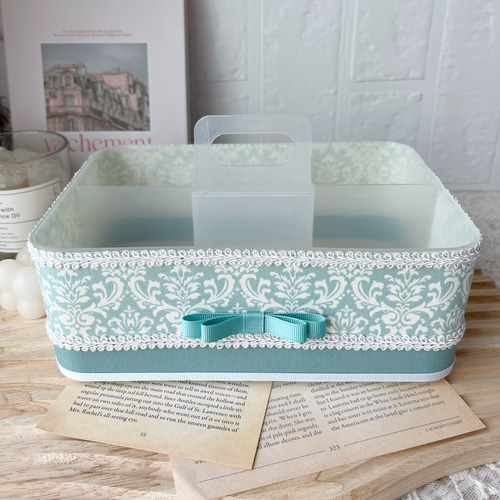 限定1】取手付き収納BOX大 ダマスク 水色×ホワイト リモコンラック