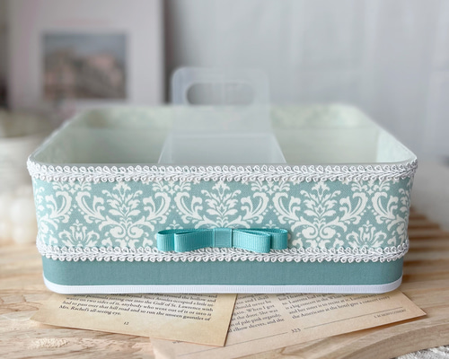 限定1】取手付き収納BOX大 ダマスク 水色×ホワイト リモコンラック